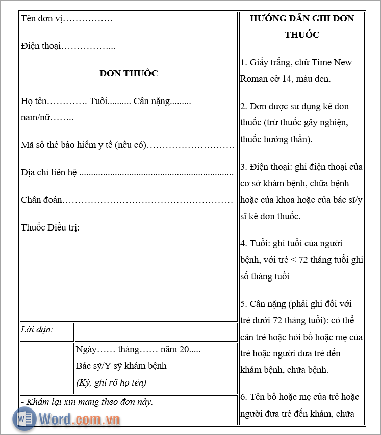 Mẫu đơn thuốc kèm hướng dẫn ghi chi tiết