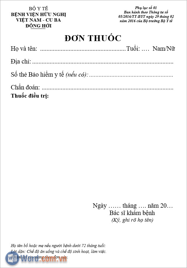 Mẫu đơn thuốc cho hiệu thuốc và bệnh viện