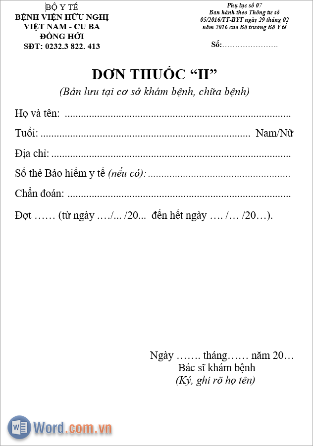 Mẫu đơn thuốc H thuốc hướng thần và tiền chất