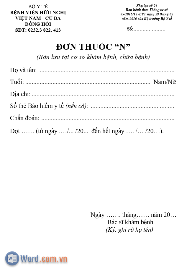 Mẫu đơn thuốc N thuốc gây nghiện