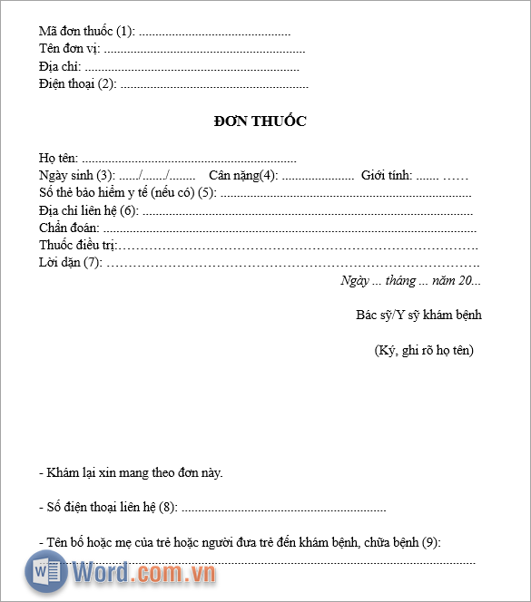 Mẫu đơn thuốc đơn giản dễ in ấn
