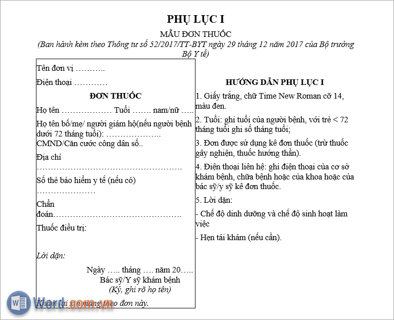 Mẫu đơn thuốc đính kèm hướng dẫn ghi thông tin