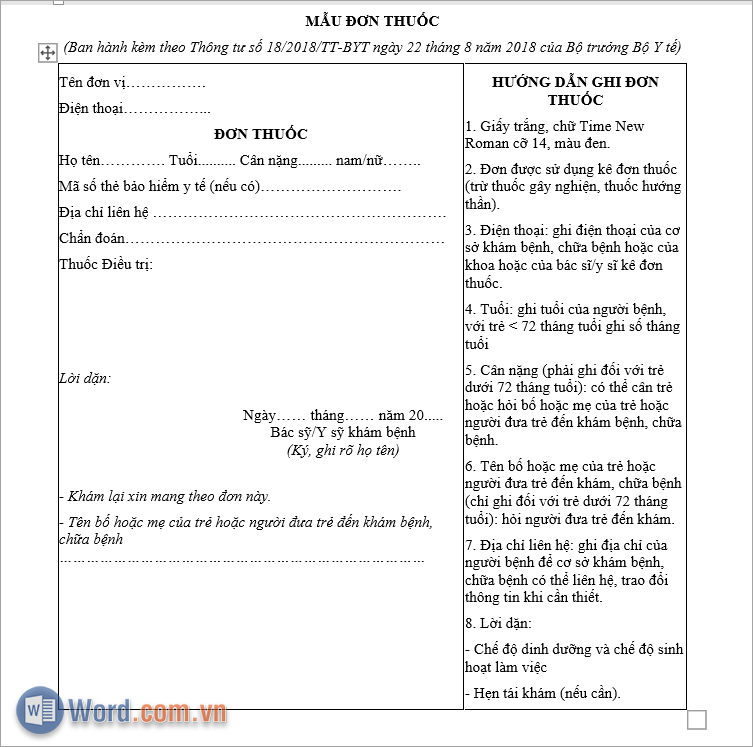 Mẫu đơn thuốc theo Thông tư 18 và Thông tư 04