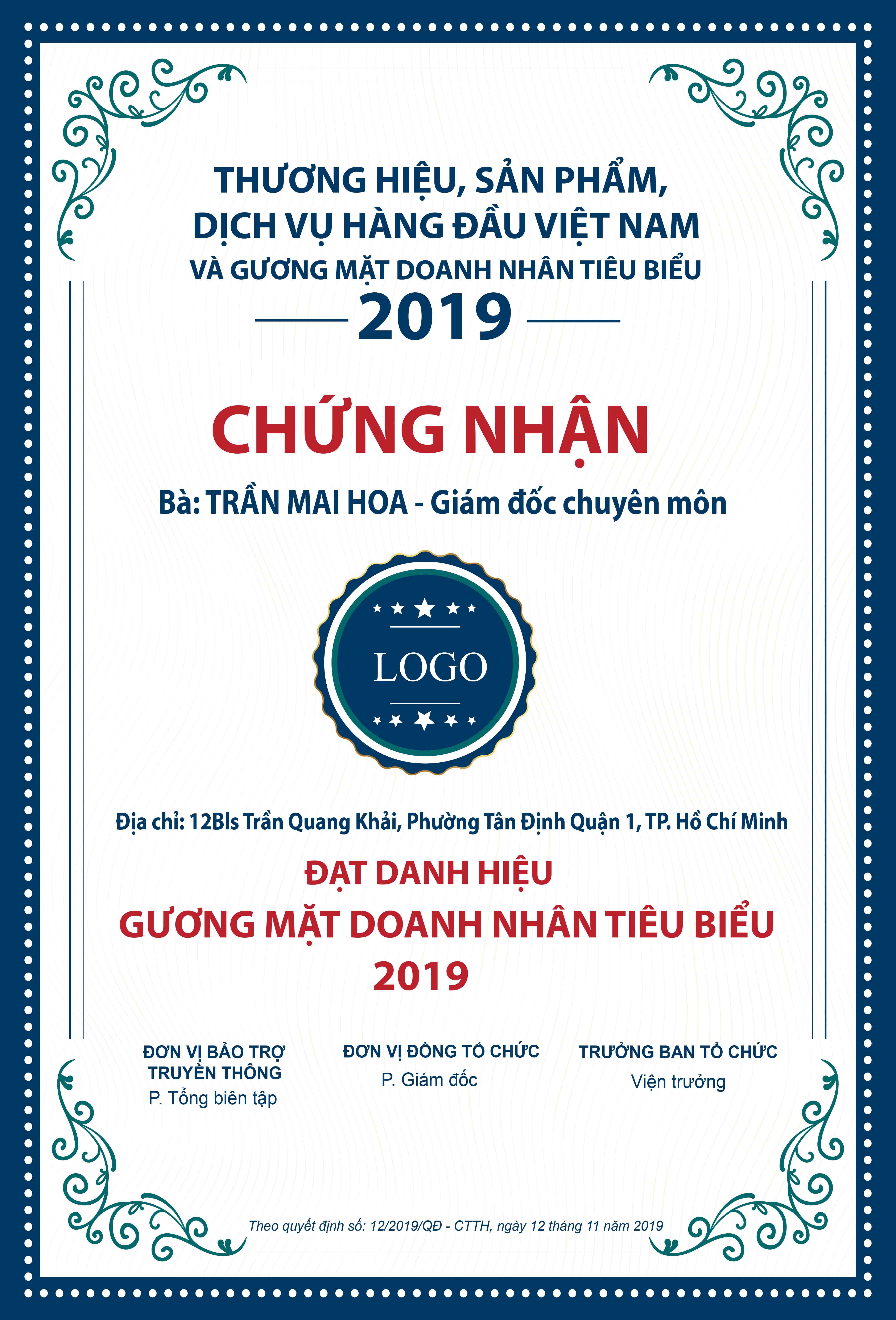 Mẫu chứng nhận thương hiệu và chất lượng