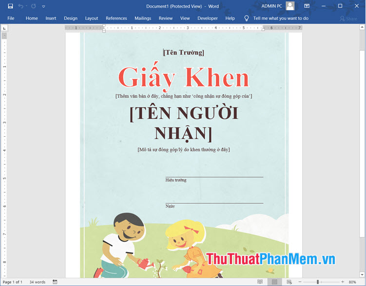 Mẫu giấy khen mầm non cho bé