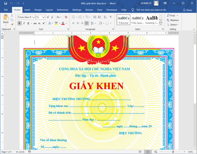 Mẫu giấy khen cho học sinh tiểu học