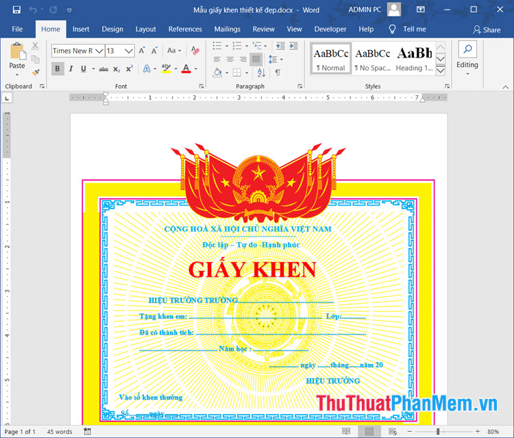 Mẫu giấy khen cơ bản trang nhã