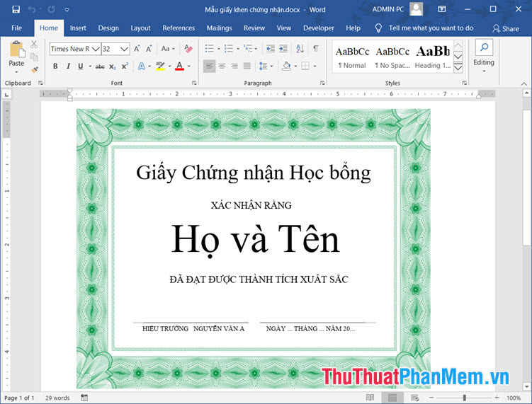 Mẫu giấy khen đẹp viền vàng sang trọng