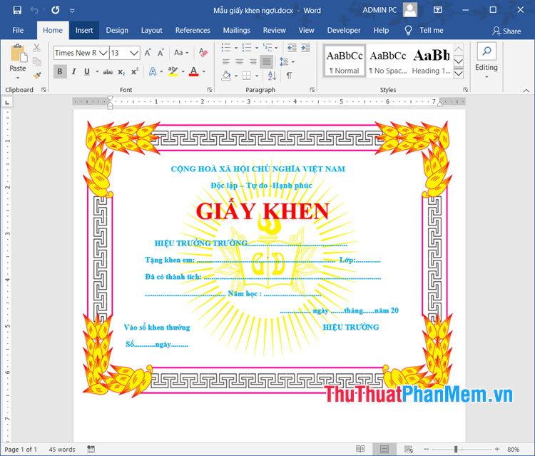 Mẫu giấy khen định dạng file Word