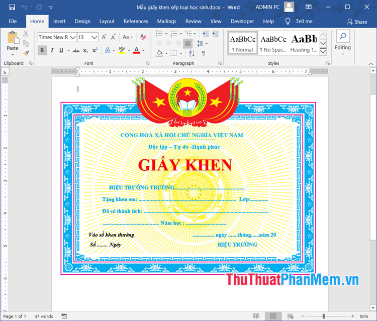 Mẫu giấy khen học sinh xuất sắc