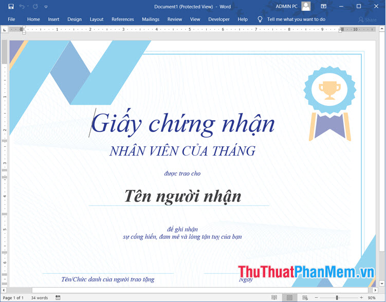 Mẫu giấy khen nhân viên xuất sắc