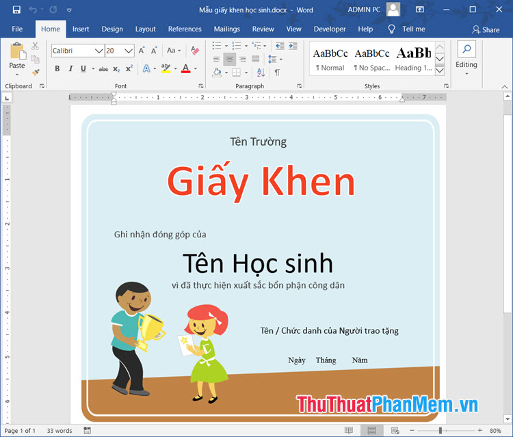 Mẫu giấy khen ghi nhận thành tích