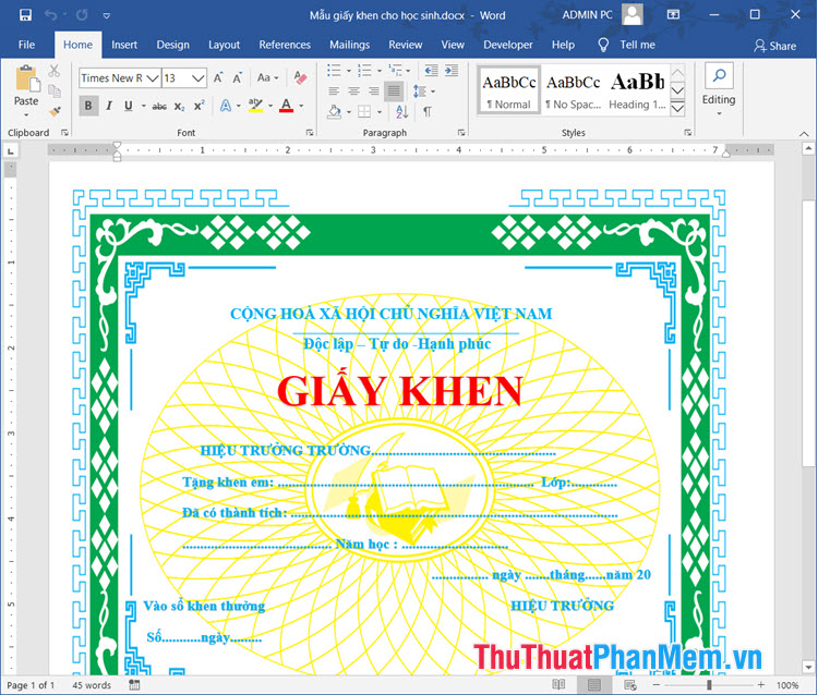 Mẫu giấy khen tiêu chuẩn